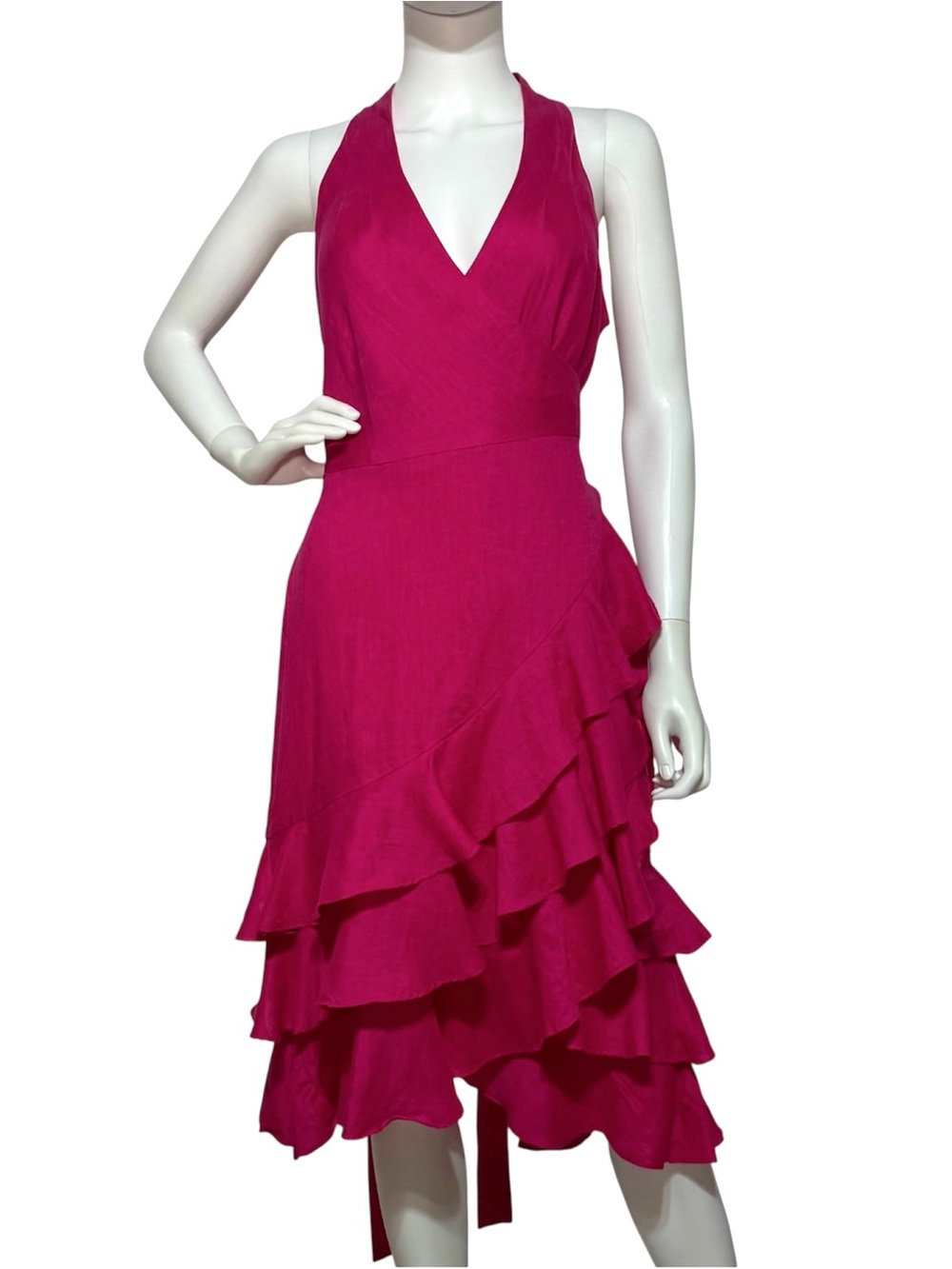 VTG Ralph Lauren Fuchsia halter neck adjustable Ruffle Midi Dress | 8